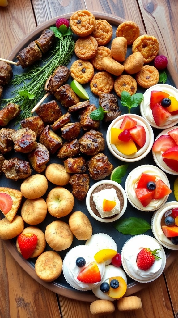 A colorful spread of New Zealand appetizers including lamb skewers, seafood fritters, and pavlova bites on a rustic table.